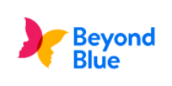 Pink and yellow graphic in the shape of a butterfly and blue font spelling Beyond Blue