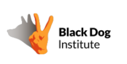 An image of a hand making a 'v' with the shadow looking like a dog's head and text Black Dog Institute
