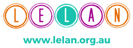 Orange purple and teal logo L E L A N  www.lelan.org.au