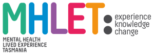 Multicoloured logo with text MHLET Mental Health Lived Experience Tasmania 